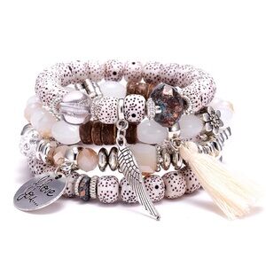 BOHO Stretchy Stackable Beaded Silver & Gold Tone 'I Love You' Charm Bracelet